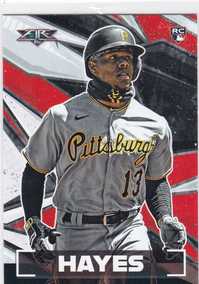 Baseball card of Ke’Bryan Hayes RC in gray uniform for Pittsburgh Pirates trading cards