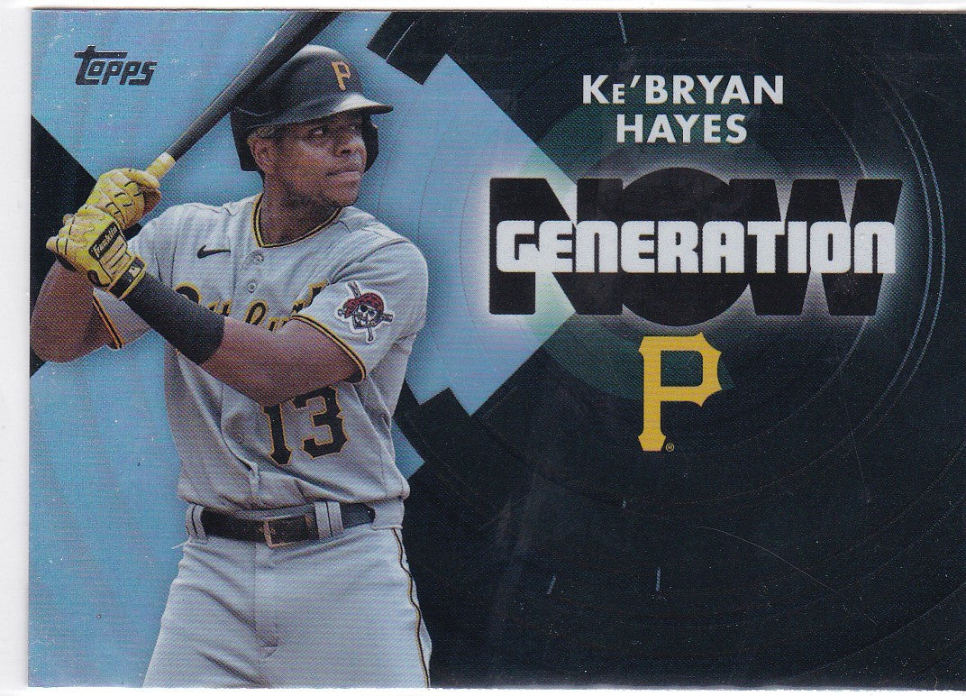 Pittsburgh Pirates player Ke’Bryan Hayes batting on 2022 Topps trading card generation now