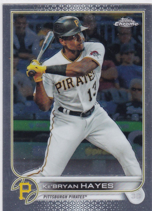 Baseball card of Ke’Bryan Hayes in white uniform for Topps Chrome Pittsburgh Pirates