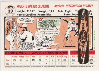 Baseball card of Roberto Clemente Pittsburgh Pirates with cartoon art and stats, Topps Factory Seal