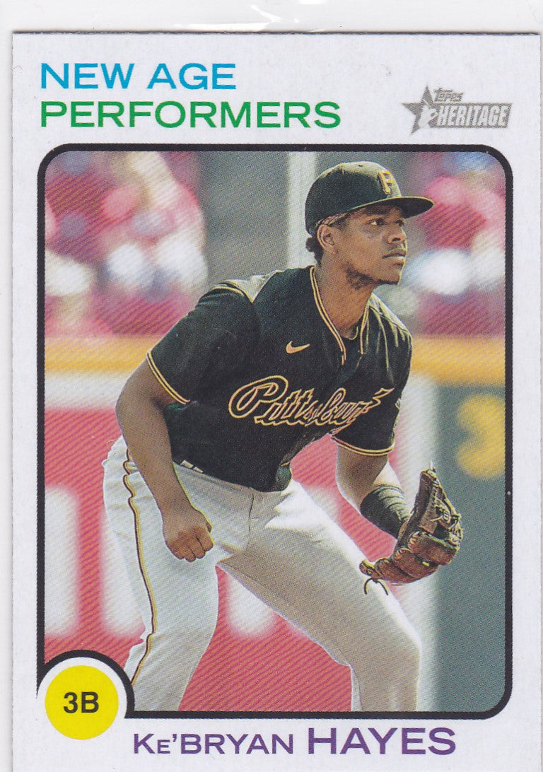 Baseball card of Ke’Bryan Hayes Pittsburgh Pirates at third base, Topps Heritage Age Performers