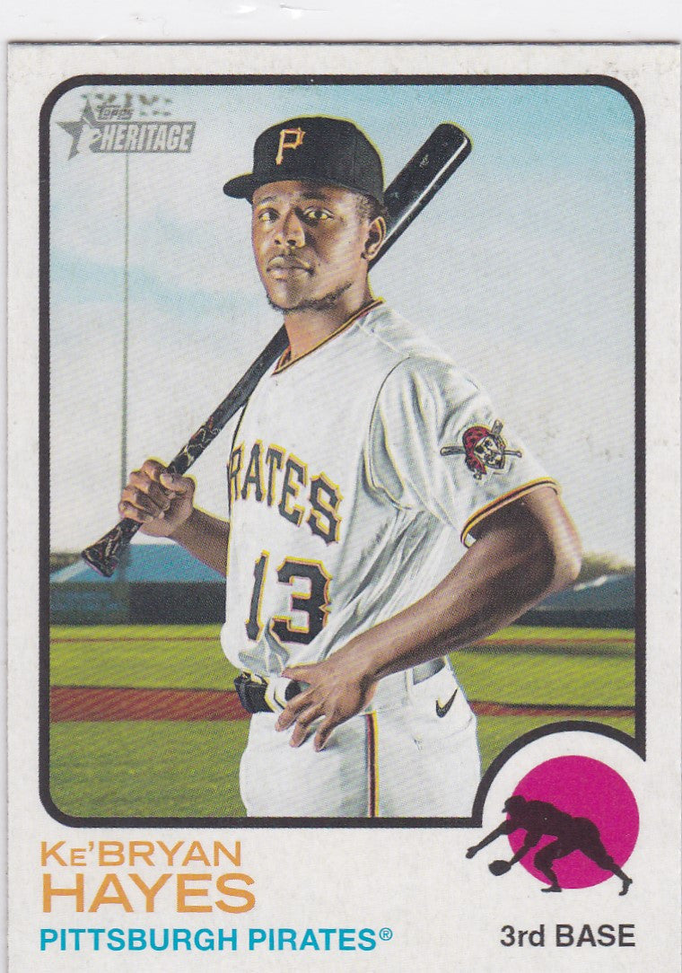 Baseball card of Ke’Bryan Hayes in white home uniform for Topps Heritage Pittsburgh Pirates