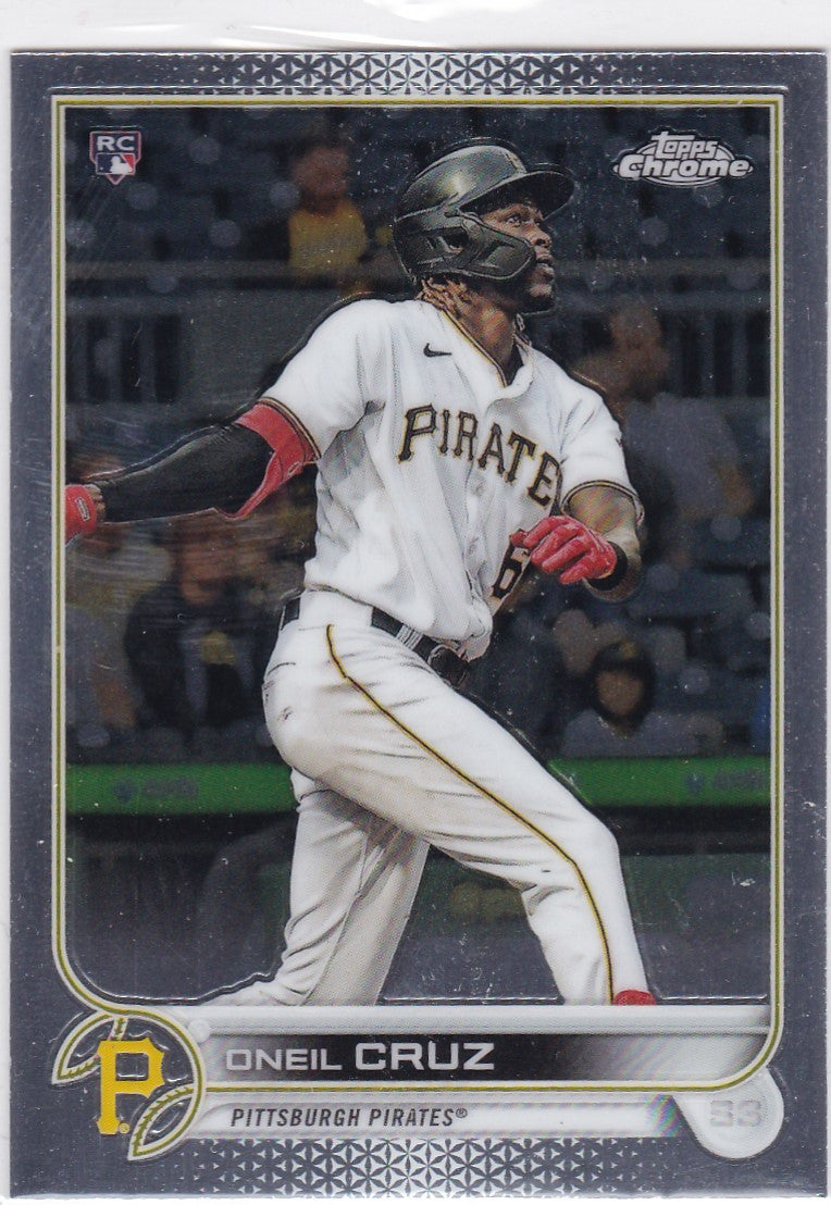 Baseball card of Oneil Cruz in white home uniform for Topps Chrome Pittsburgh Pirates