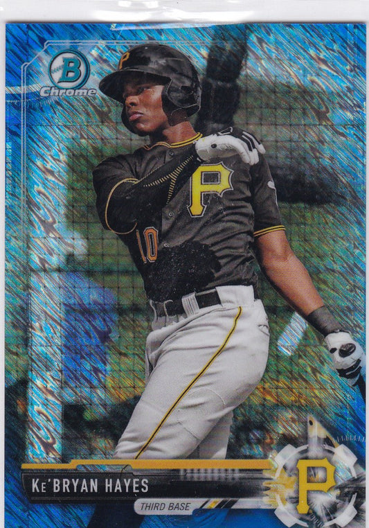 Baseball card of Ke’Bryan Hayes in gray uniform from 2017 Bowman Chrome Blue Shimmer