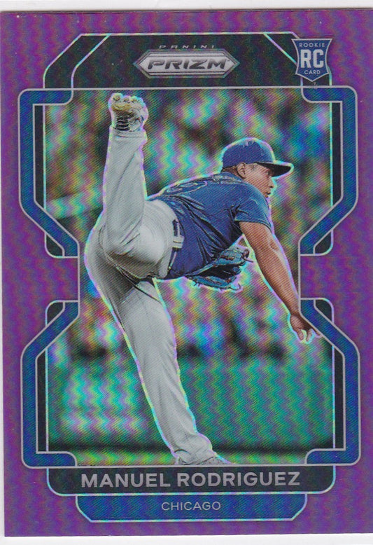 Purple-tinted Manuel Rodriguez Purple RC Chicago Cubs baseball card in delivery motion