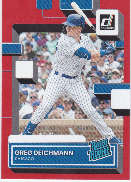 Chicago Cubs Greg Deichmann RC Rated Rookie Red baseball card at bat in pinstriped uniform