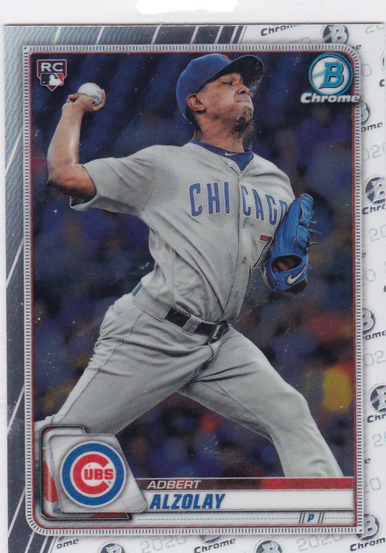 Baseball card of Adbert Alzolay Chicago Cubs pitcher in gray uniform mid-delivery