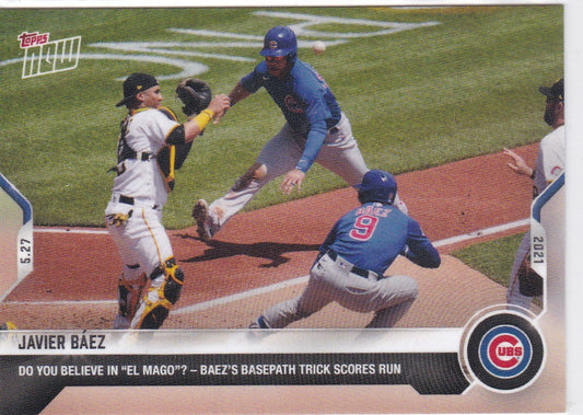 Baseball card depicting Baez El Mago’s basepath trick at home plate for Chicago Cubs