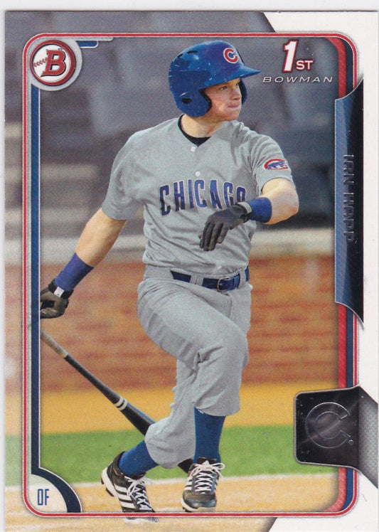 Baseball card of Ian Happ in gray uniform, 2015 Bowman Draft 1st Bowman Chicago Cubs