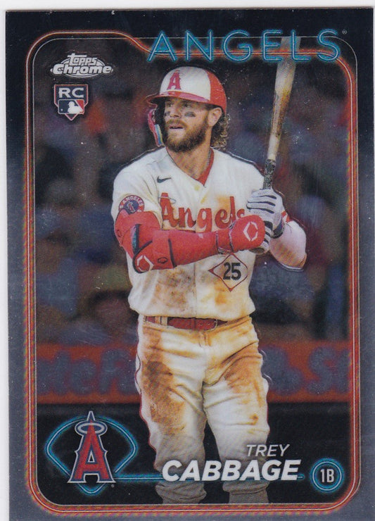 Baseball card of Trey Cabbage RC in white Angels uniform from 2024 Topps Chrome