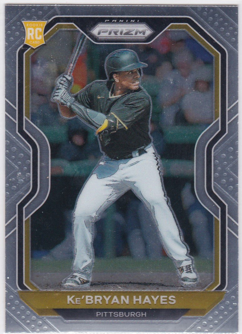 Baseball card of Ke’Bryan Hayes in green jersey for Panini Prizm Tier II Pittsburgh Pirates