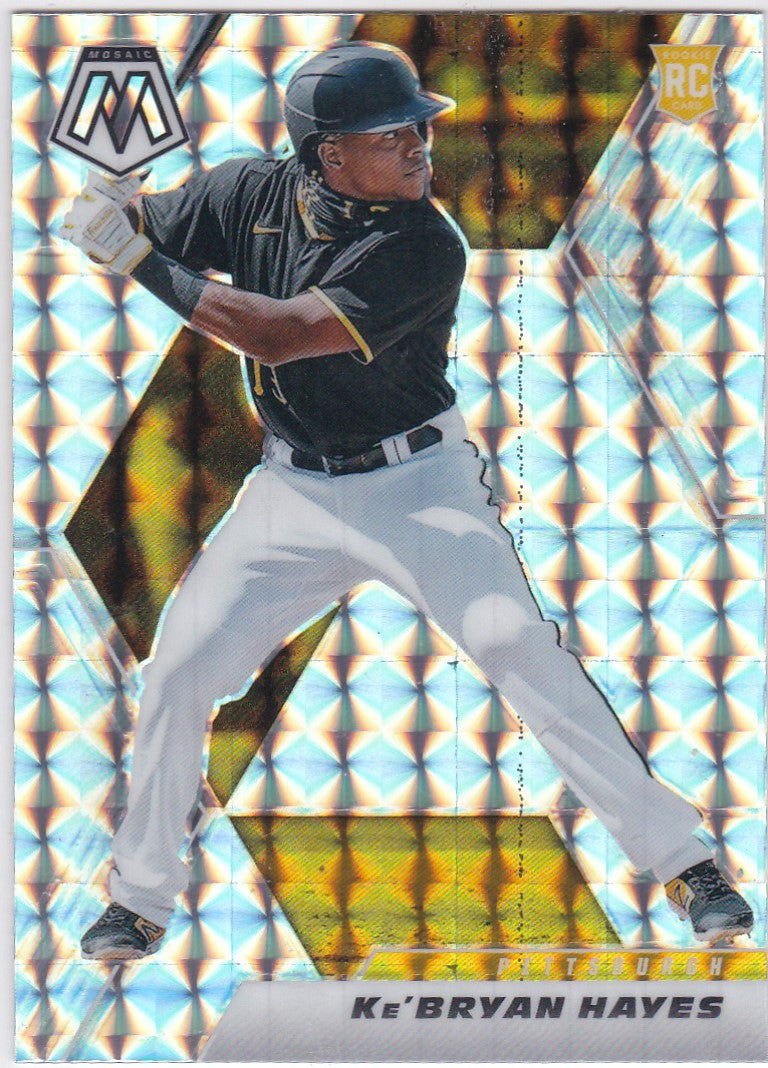 Shiny Panini Mosaic Prizm baseball card of Ke’Bryan Hayes RC in batting stance