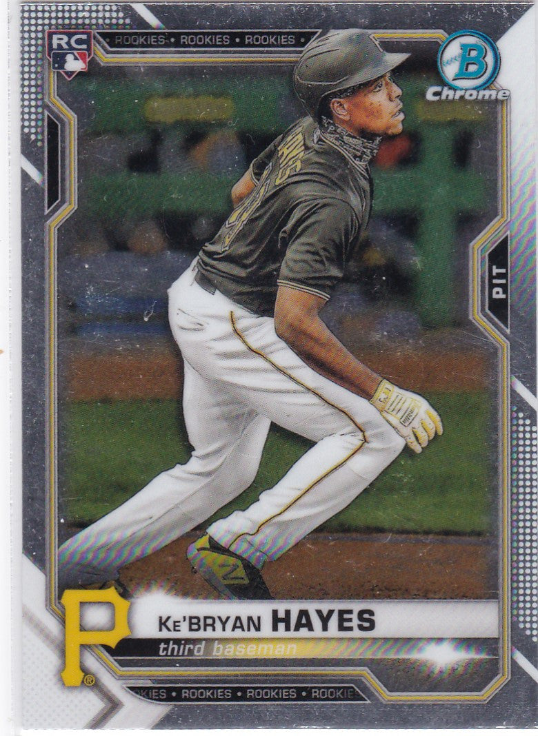 Baseball card of Ke’Bryan Hayes RC in batting stance for Pittsburgh Pirates trading cards