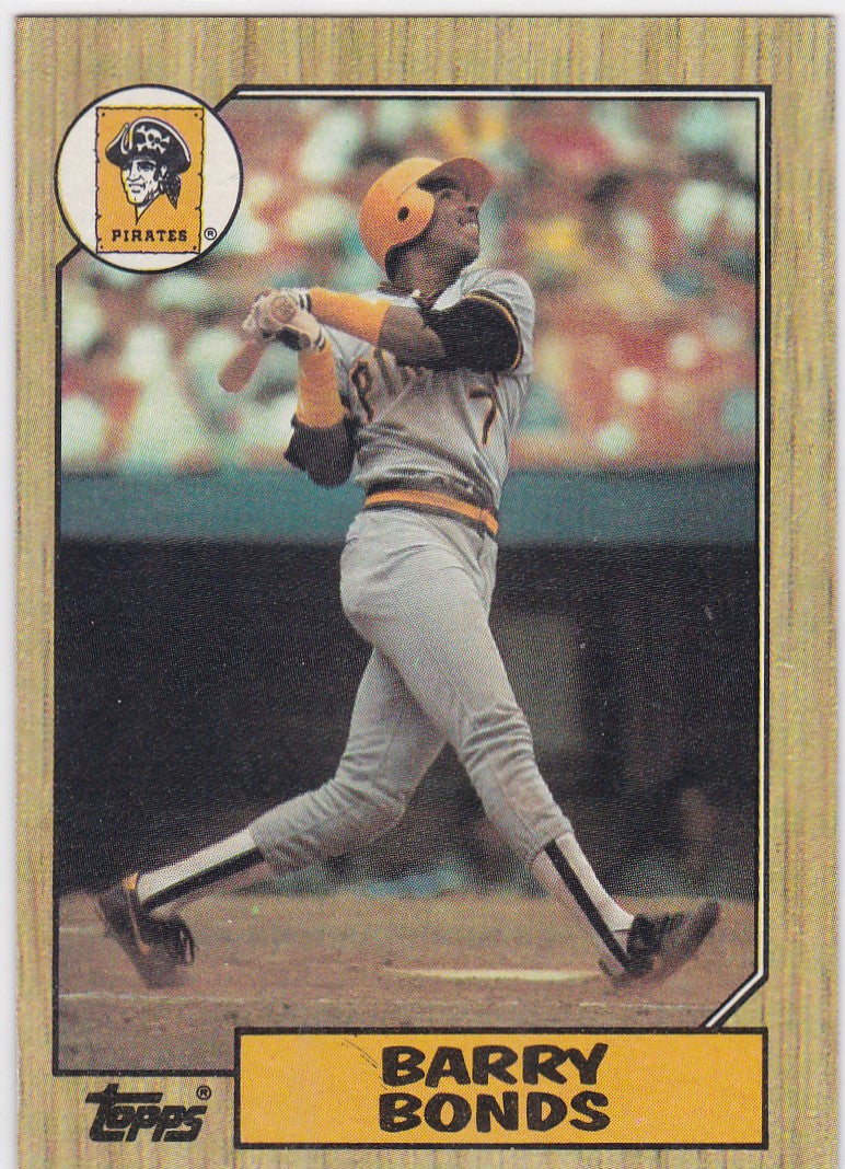 1987 Topps Barry Bonds RC Rookie card featuring Pittsburgh Pirates player swinging bat