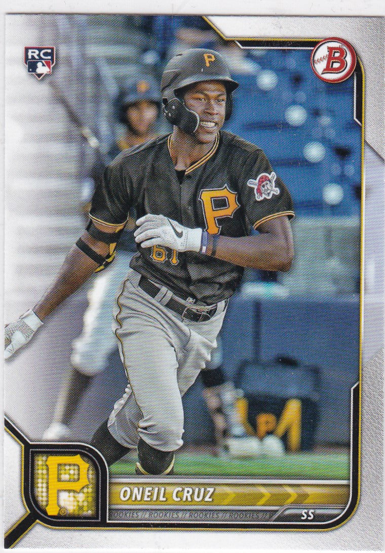 Oneil Cruz Rookie Card RC Pittsburgh Pirates player in gray uniform running on field