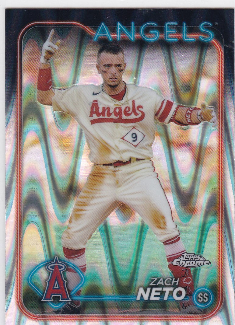 Baseball card of Angels shortstop Zach Neto Ray in white home uniform with red trim