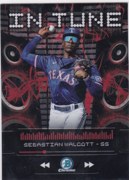 Baseball card of Sebastian Walcott Texas Rangers in blue uniform throwing a ball