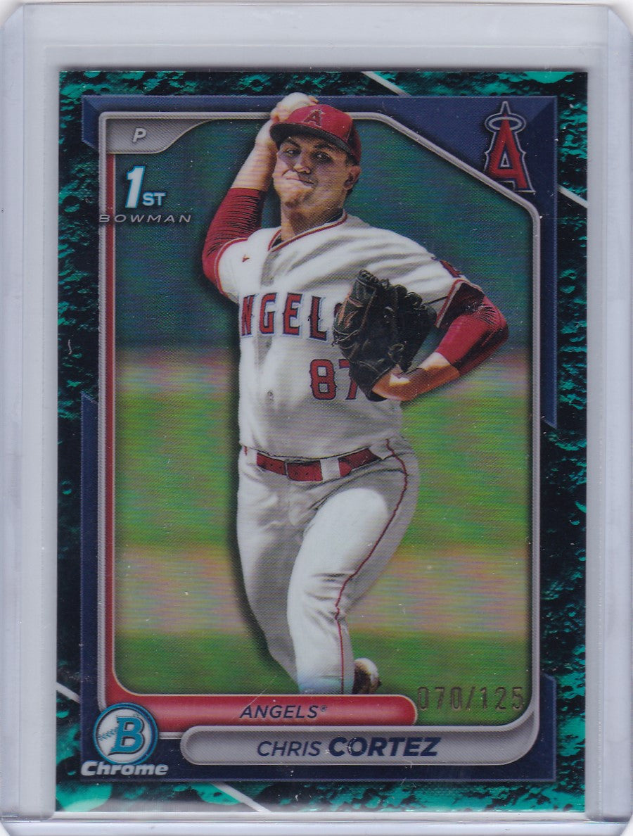 Baseball card of Chris Cortez in Angels uniform from Bowman Draft Chrome Aqua Lunar 70/125