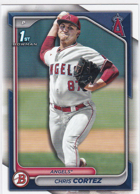 Baseball card of Chris Cortez 1st Bowman from Los Angeles Angels in home uniform