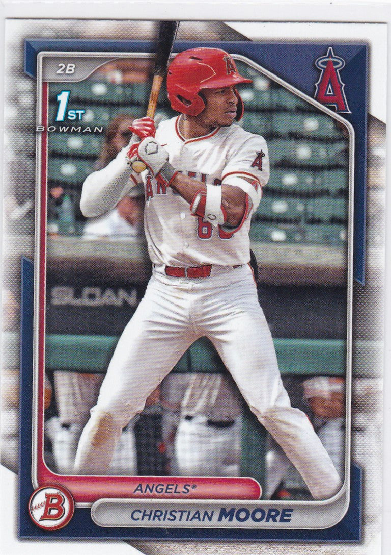 Baseball card of Christian Moore 1st Bowman in Angels white and red uniform at bat