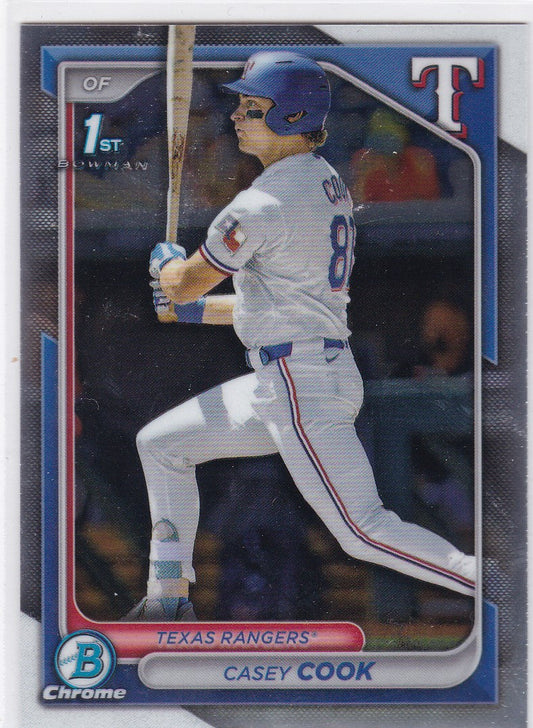 Baseball card of Casey Cook showcasing 1st Bowman in Texas Rangers uniform at bat