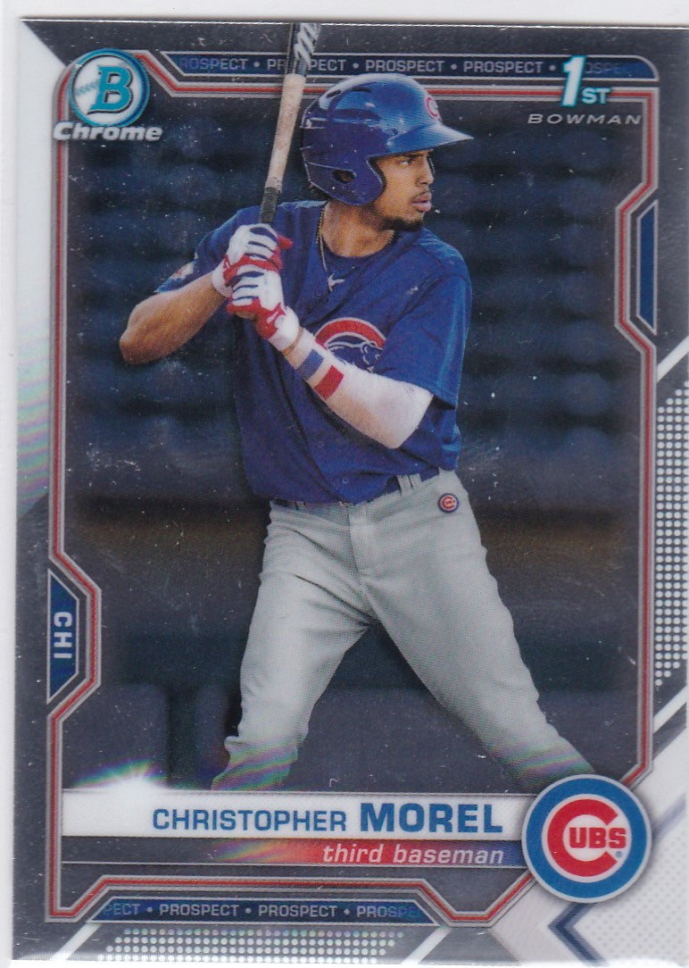 Baseball card of Christopher Morel 1st Bowman in Chicago Cubs batting stance