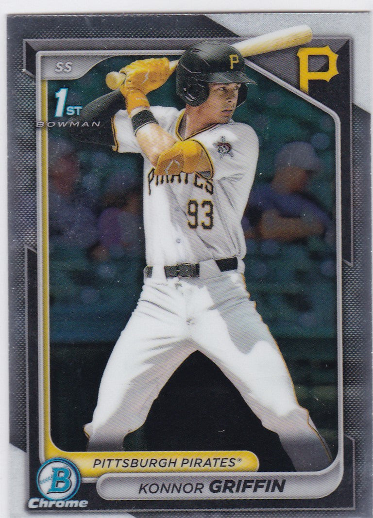 Baseball card of Konner Griffin 1st Bowman in a Pittsburgh Pirates uniform at bat