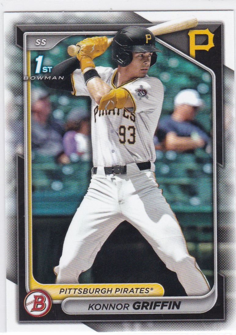 Baseball card of Konner Griffin 1st Bowman in Pittsburgh Pirates uniform at bat