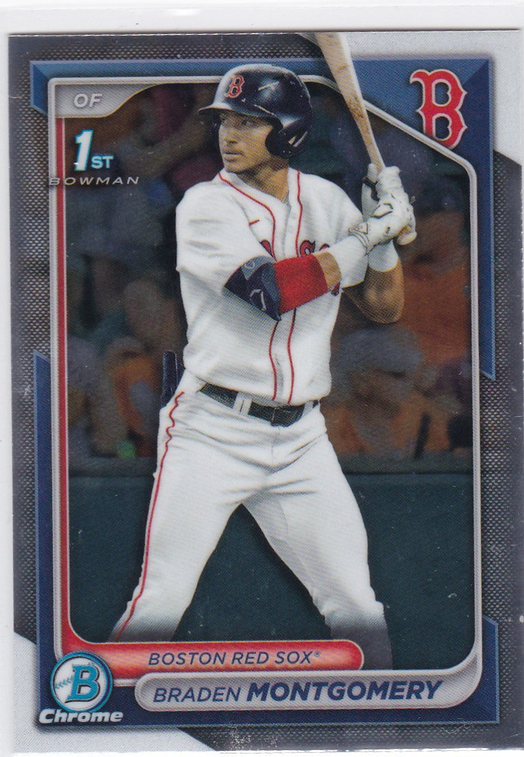 Baseball card of Braden Montgomery in white uniform, 2024 Bowman Draft Chrome Red Sox