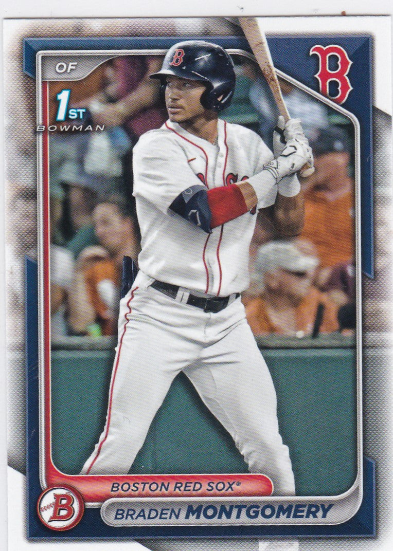 Baseball card of Braden Montgomery 1st Bowman in Boston Red Sox uniform at bat