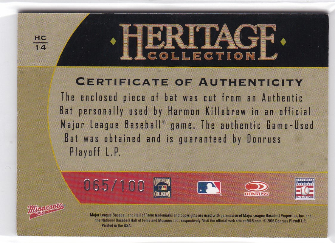 2005 Donruss Heritage #HC-14 Harmon Killebrew Game Used Relic 65/100 Twins