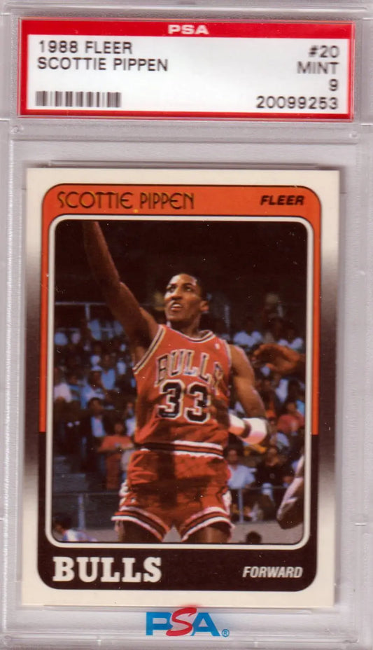 PSA-graded 1988 Fleer RC Rookie card of Scottie Pippen in Bulls #33 red uniform