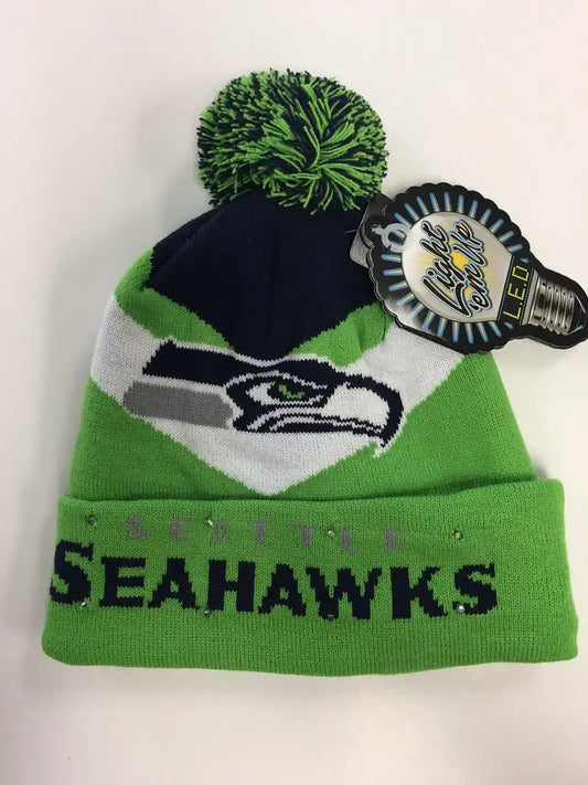 Seattle Seahawks Big Logo Colorblock Light Up Beanie with sea hawks logo and pom-pom