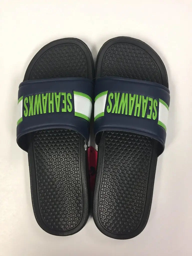 Black slide flip flop sandals featuring green Seahawks logo display on straps