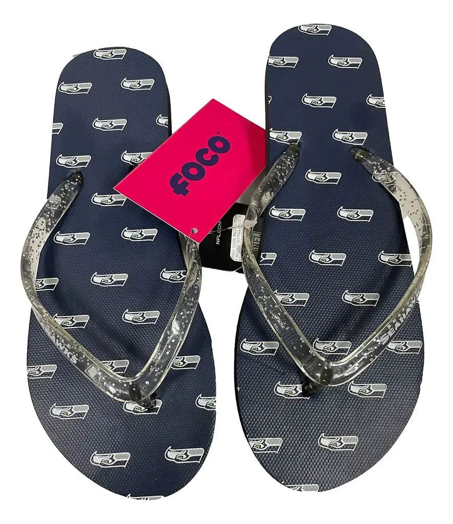 Navy blue glitter thong flip flop sandals with sunglasses pattern and red price tag