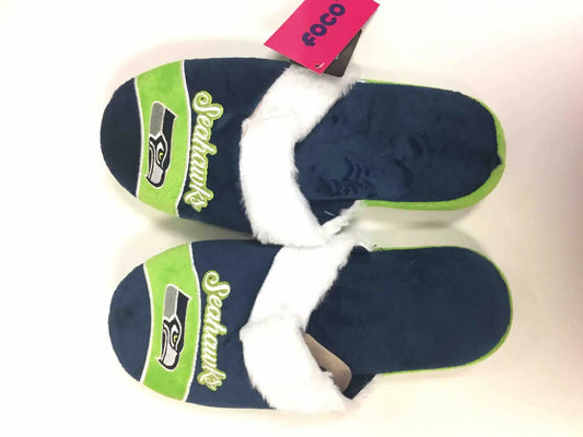 Seattle Seahawks Womens Stripe Logo slippers in green and navy with soft faux fur