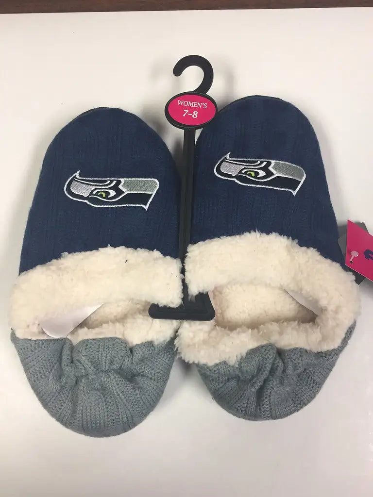 Seattle Seahawks Womens Team Color Knit Moccasin Slippers with fuzzy lining and shoe size options