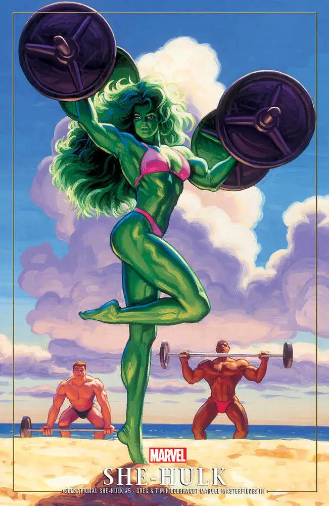 She-Hulk lifting weights in a green leotard from Marvel Masterpieces III trading cards