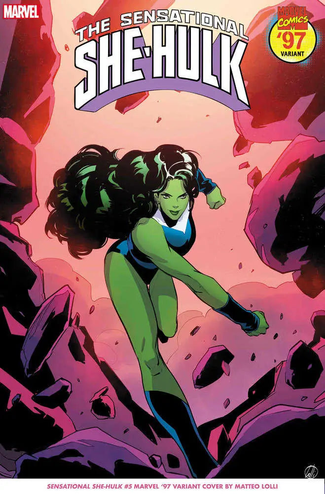 Green-skinned superhero leaping in blue and white, Sensational She-Hulk 5 variant