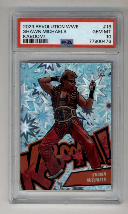 PSA 10 Gem Mint Shawn Michaels 2023 Revolution WWE Kaboom trading card with blue design