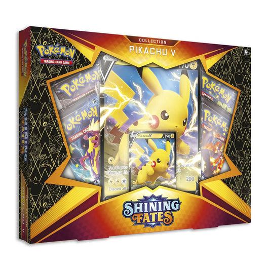 Shining Fates Pikachu V Collection box with Pokémon TCG artwork and booster packs