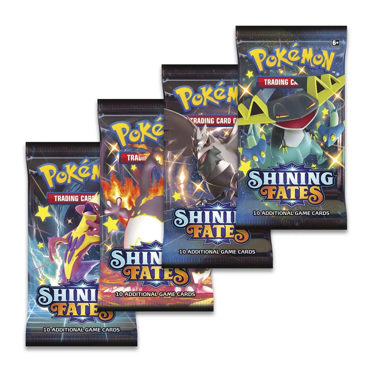 Four Shining Fates Booster Packs from the Pokémon TCG Shining Fates Collection