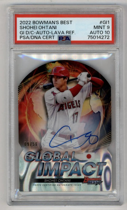 PSA 9 Shohei Ohtani 2022 Bowman’s Best Global Impact Lava Refractor Auto baseball card