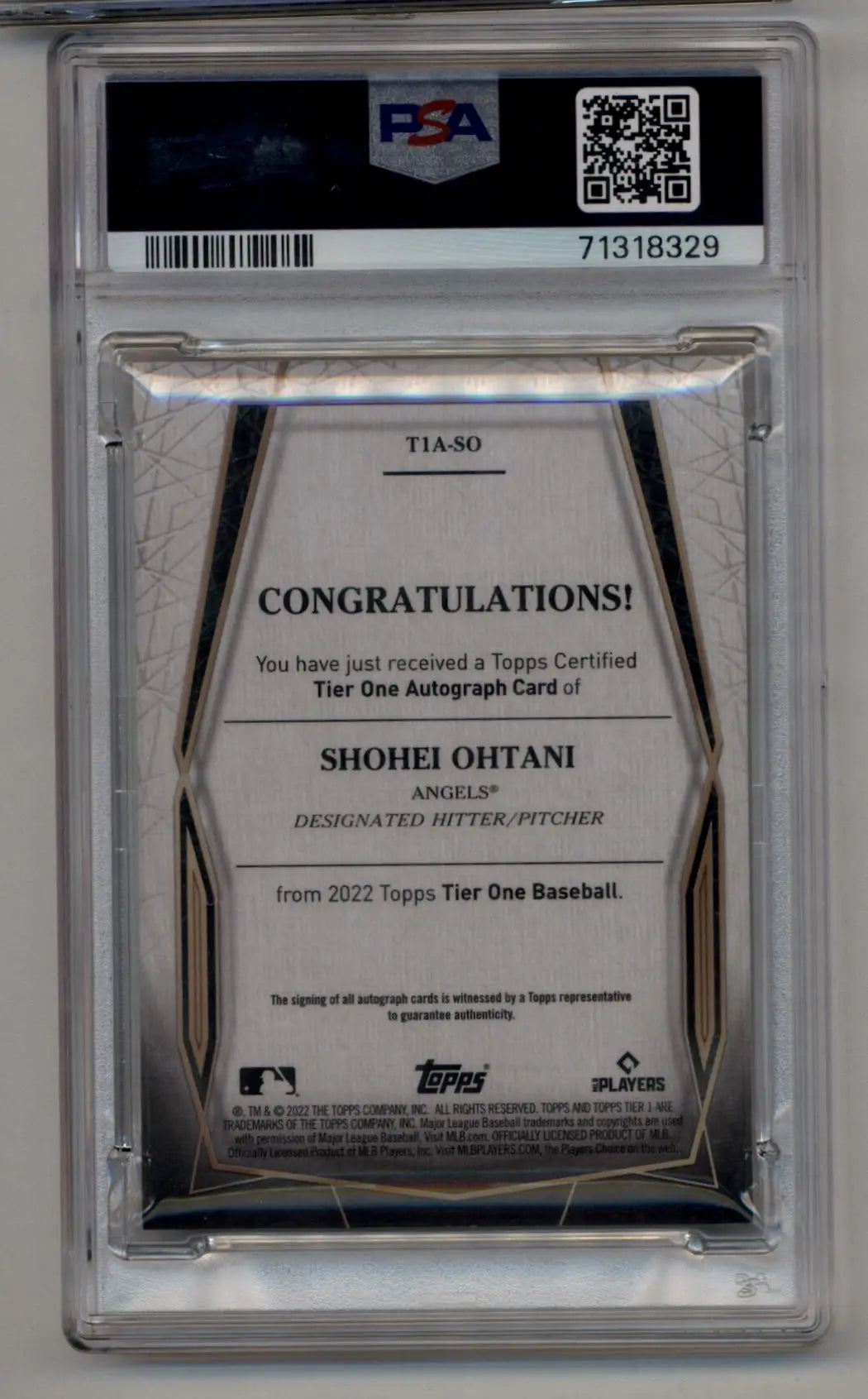 PSA-graded Shohei Ohtani 2022 Tier One Auto Silver Ink card with congratulations message