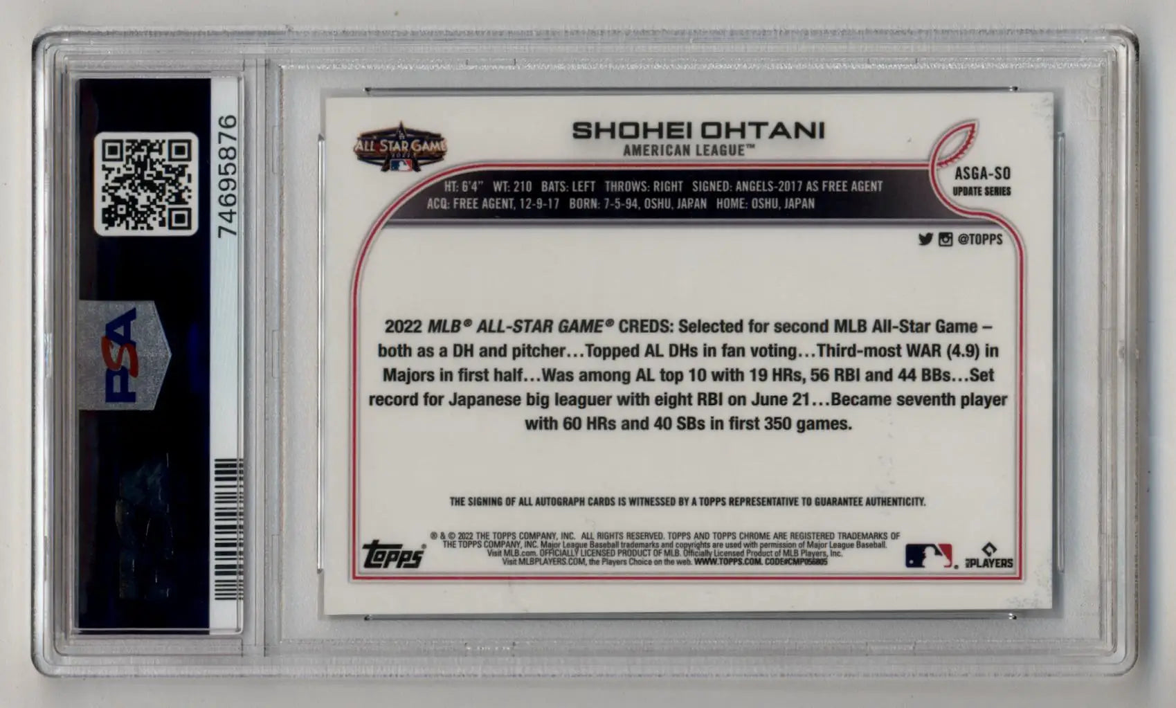 Shohei Ohtani 2022 Topps Chrome Update Game Auto PSA 9 Mint card in protective case