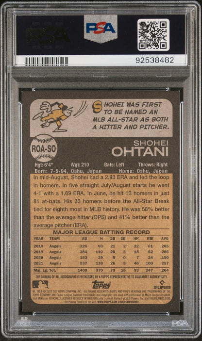 Shohei Ohtani baseball card back in PSA holder, showcasing Topps Heritage Red Ink Auto