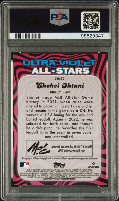 PSA-graded Shohei Ohtani 2023 Topps Chrome Ultraviolet Orange Auto card with stats