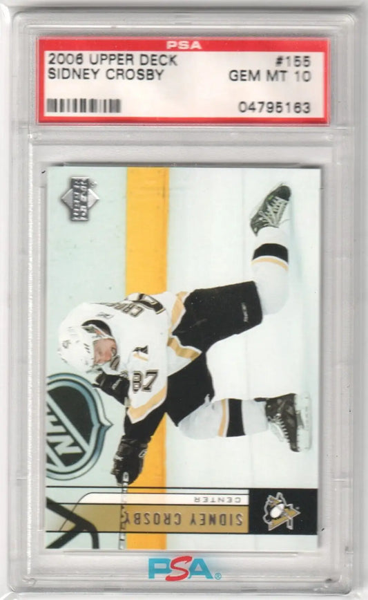 PSA-graded Sidney Crosby 2006-07 Upper Deck card, dynamic play, black and white uniform