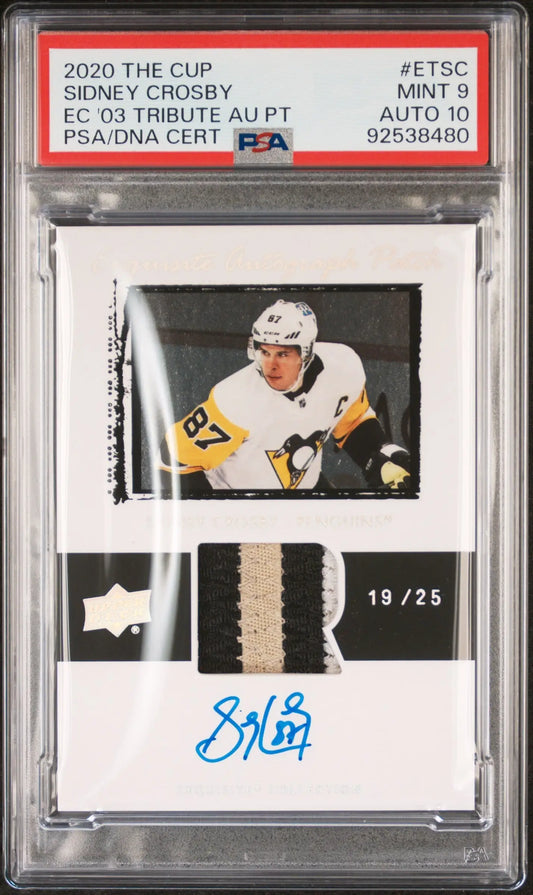 PSA-graded Sidney Crosby 2020 Upper Deck The Cup Exquisite Patch Auto #19/25 card