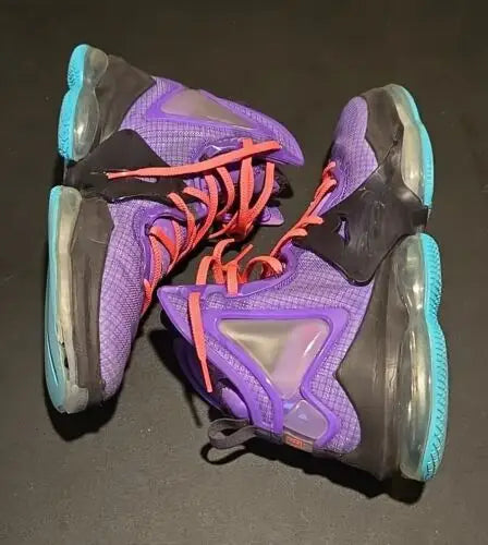 Purple and black Nike LeBron 19 DJ Bron Wild Berry shoes with coral laces in size 10